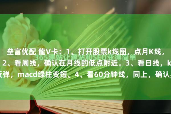 垒富优配 龍V卡：1、打开股票k线图，点月K线，确认在上升趋势通道里。2、看周线，确认在月线的低点附近。3、看日线，kdj触底反弹，macd绿柱变短。4、看60分钟线，同上，确认买入，相反的时候卖出。买卖...